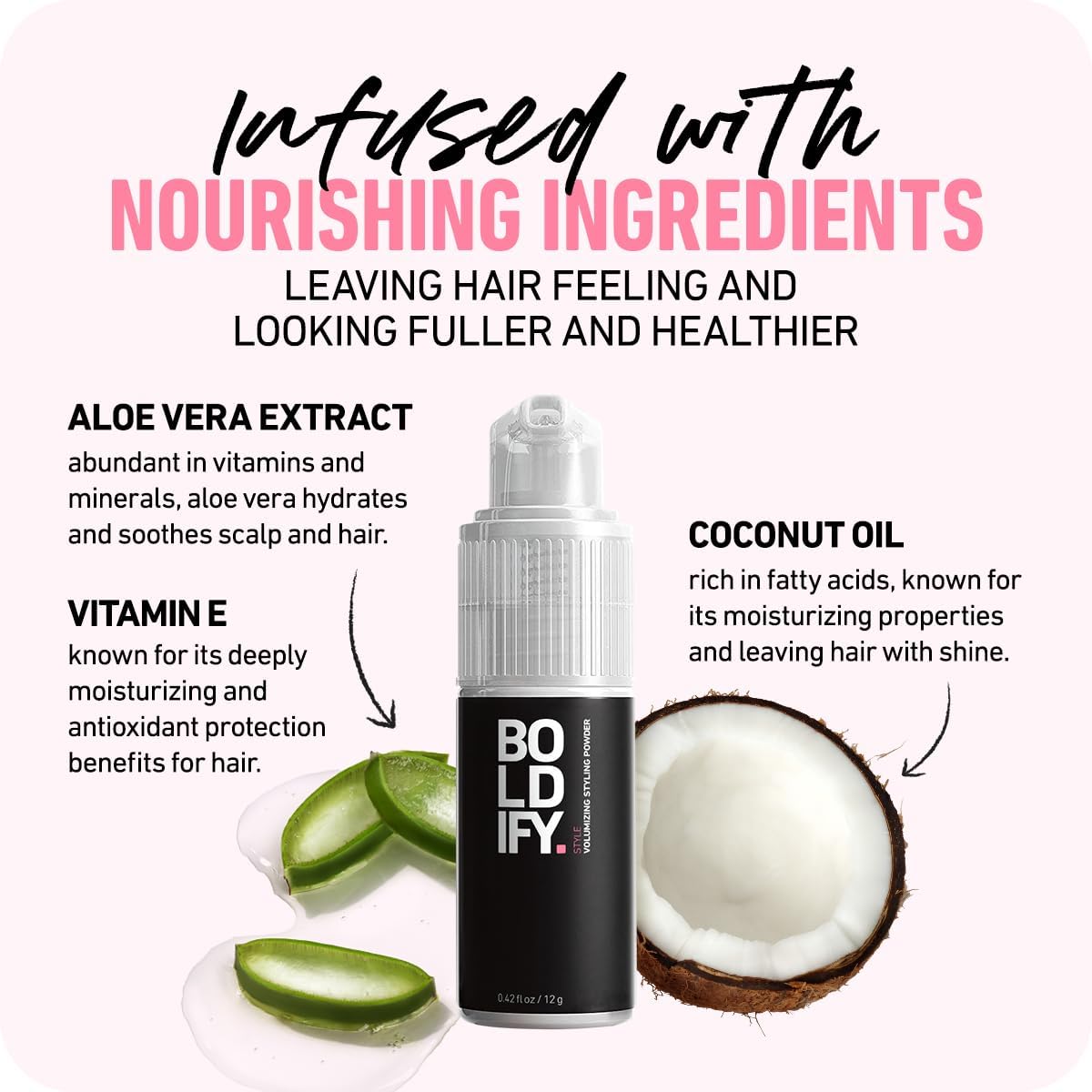 Boldify ingredients label close-up shows coconut oil and aloe vera benefits