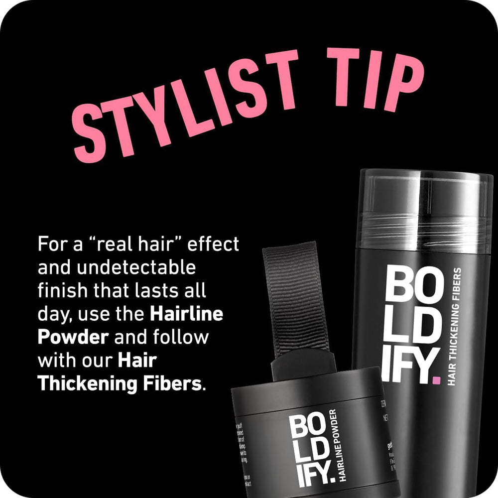 Woman using Boldify in front of mirror for instant root touch-up confidence