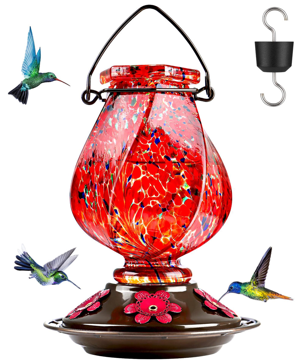 BOLITE feeder front view showing bright red glass inviting hummingbirds