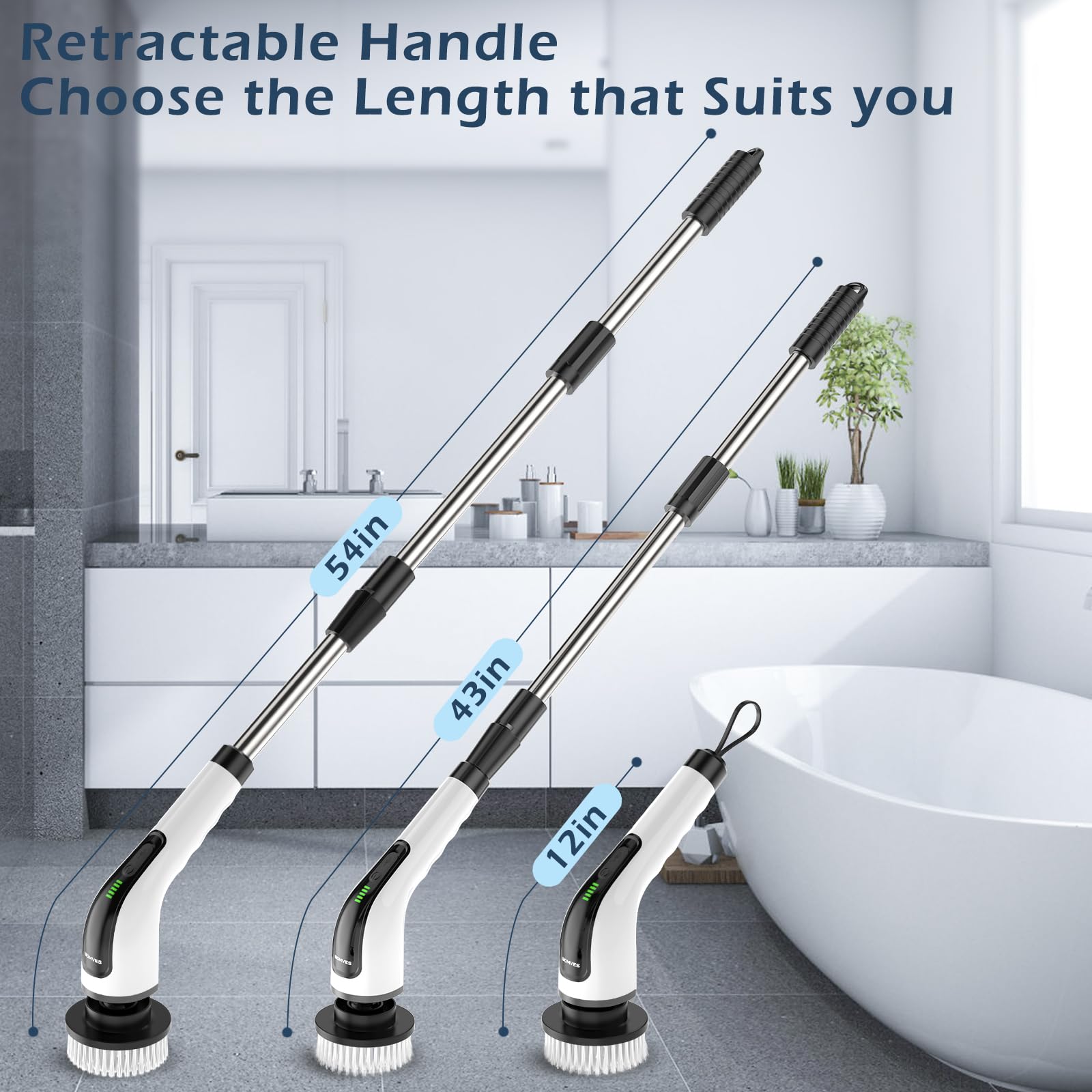 Bomves closeup of seven interchangeable brush heads for versatile cleaning
