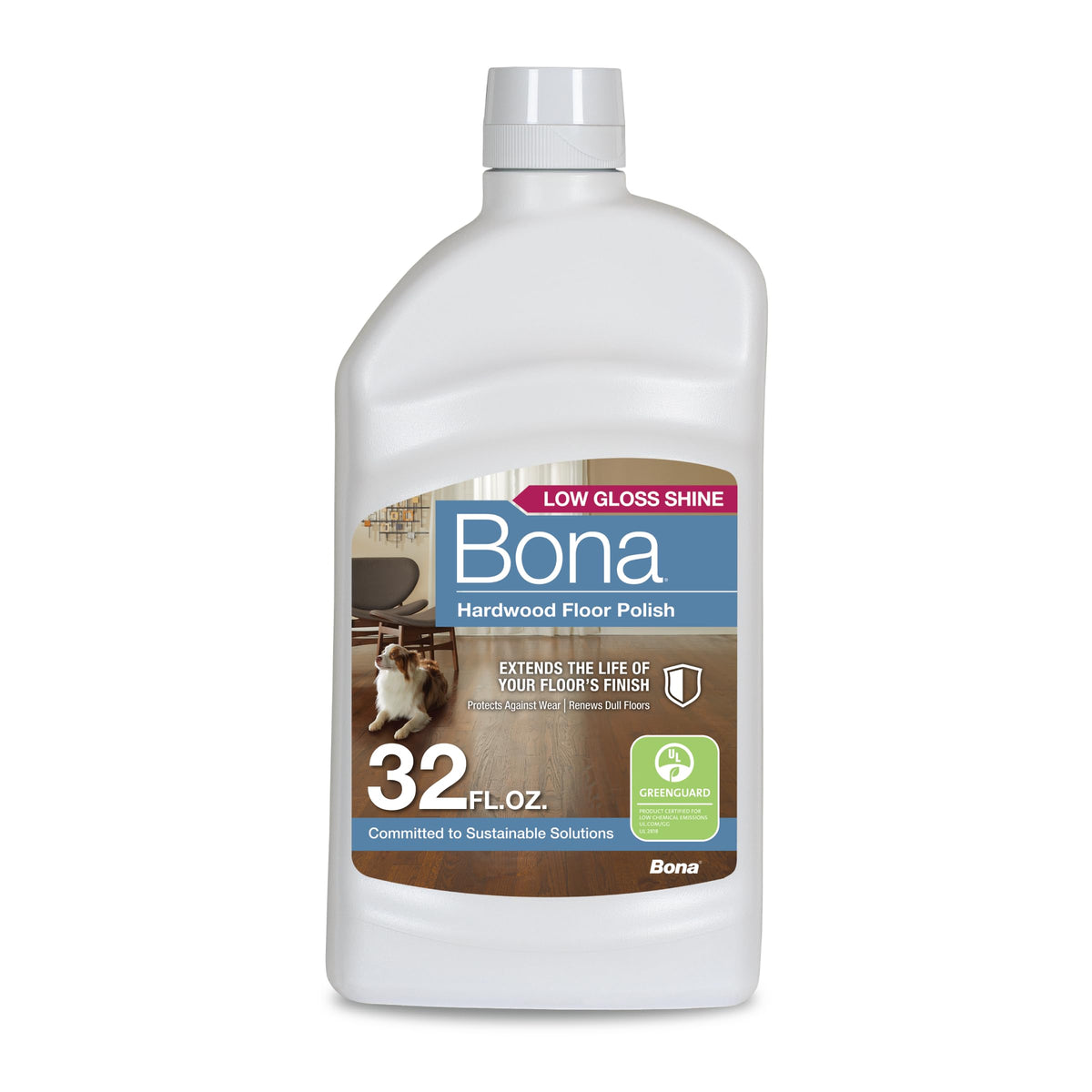 Bona bottle front view showing low gloss polish and easy application benefit