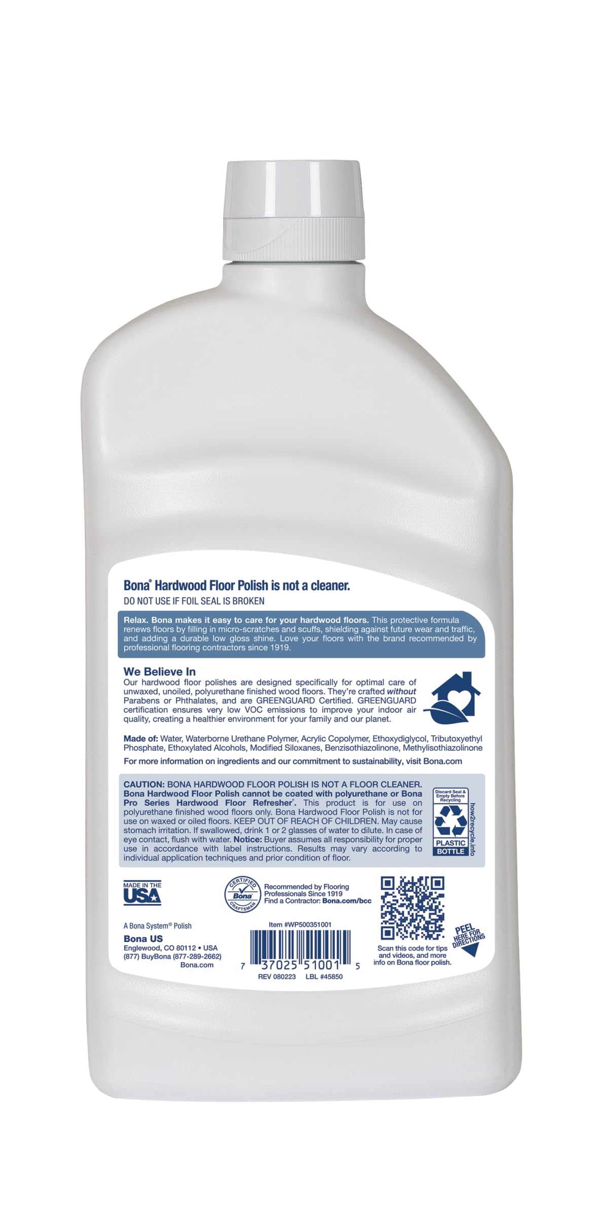 Bona label close-up highlighting GREENGUARD certification for healthier indoor air