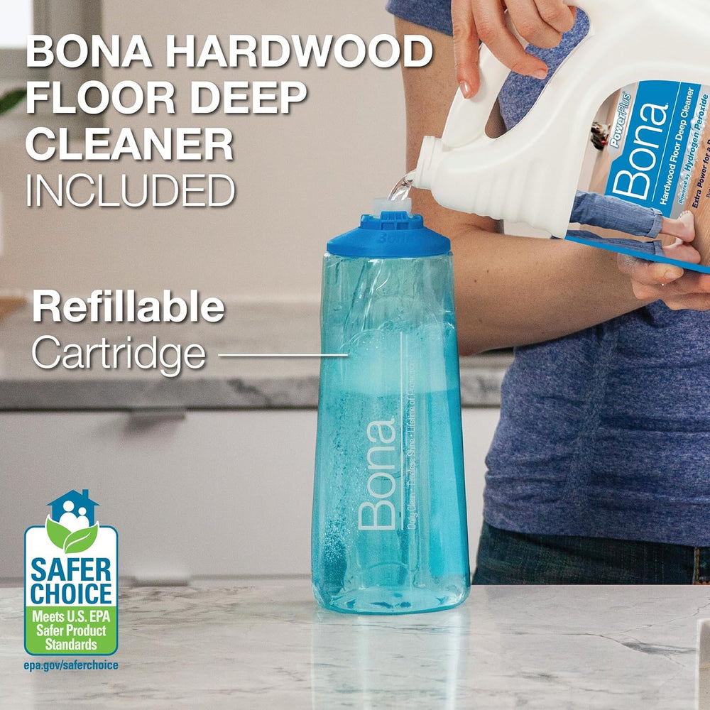 Bona mop in use with vibrating action loosening dirt for faster pickup