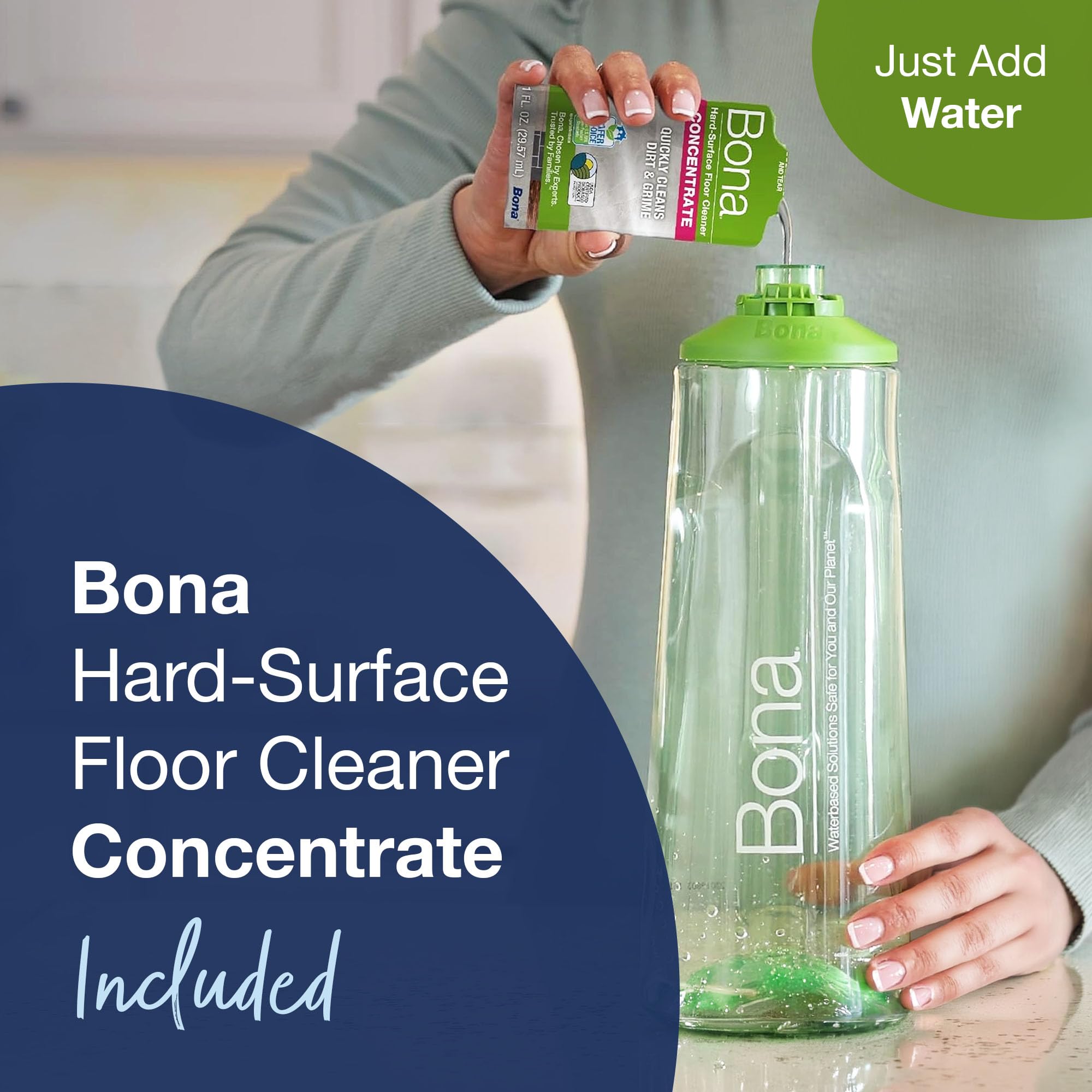 Bona refillable cartridge and sealed concentrate pouch for mess-free refills