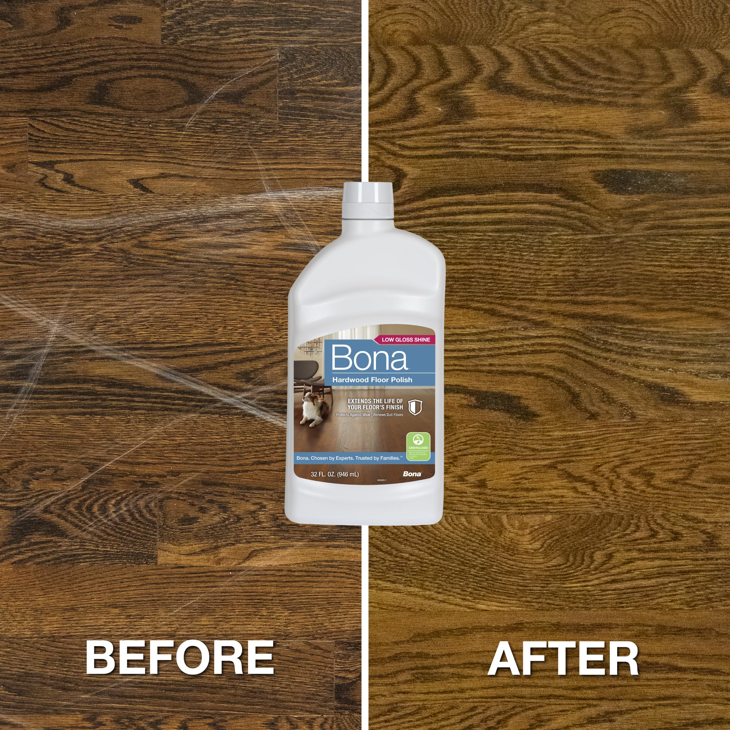Bona bottle beside tape measure illustrating 32 fl oz coverage benefit