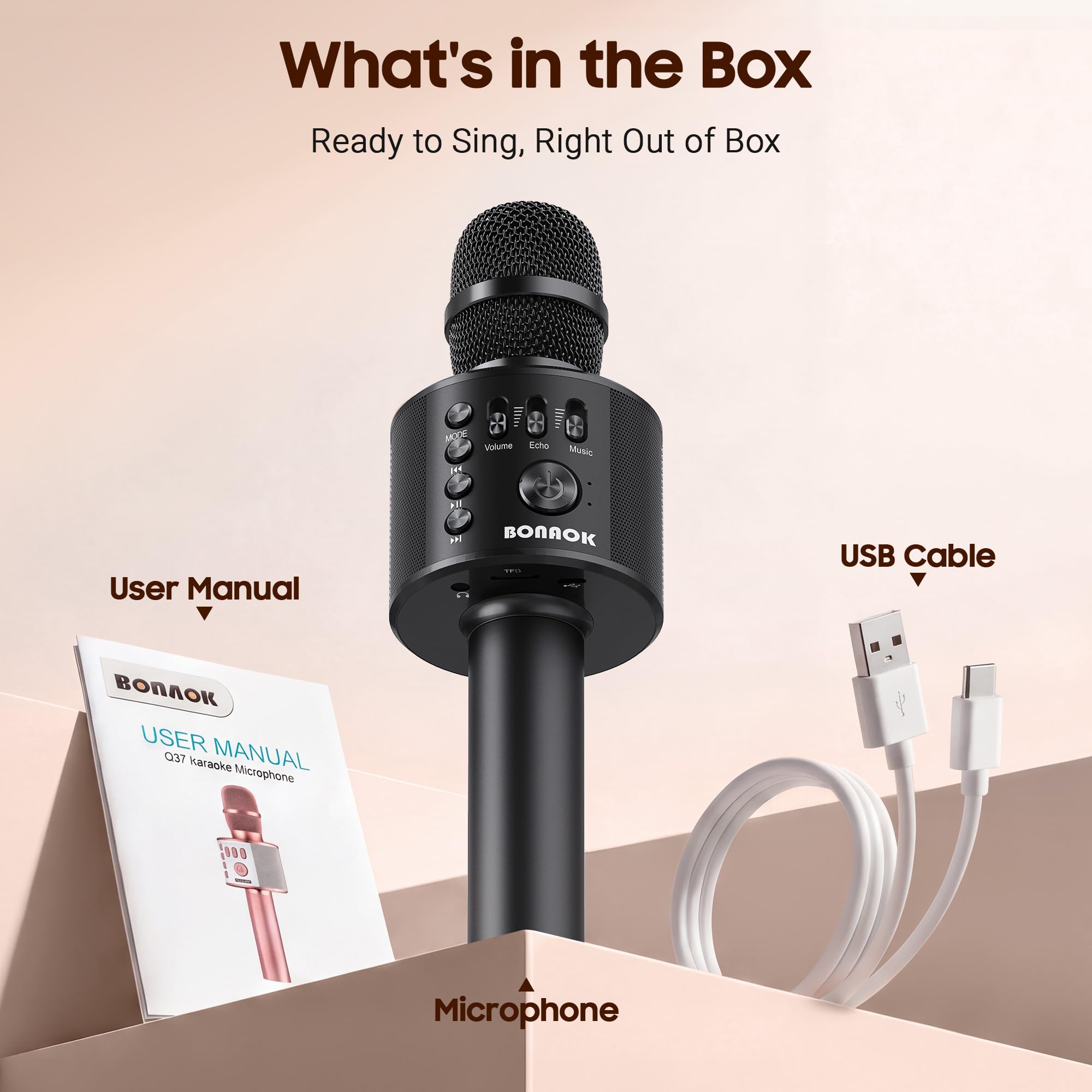 BONAOK Q37 accessories including audio and charging cables for ready-to-use setup