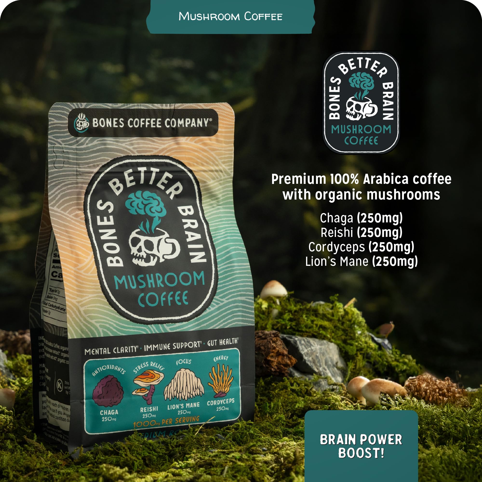 Bones Coffee Company close-up label highlighting mushroom blend and roast details for clarity
