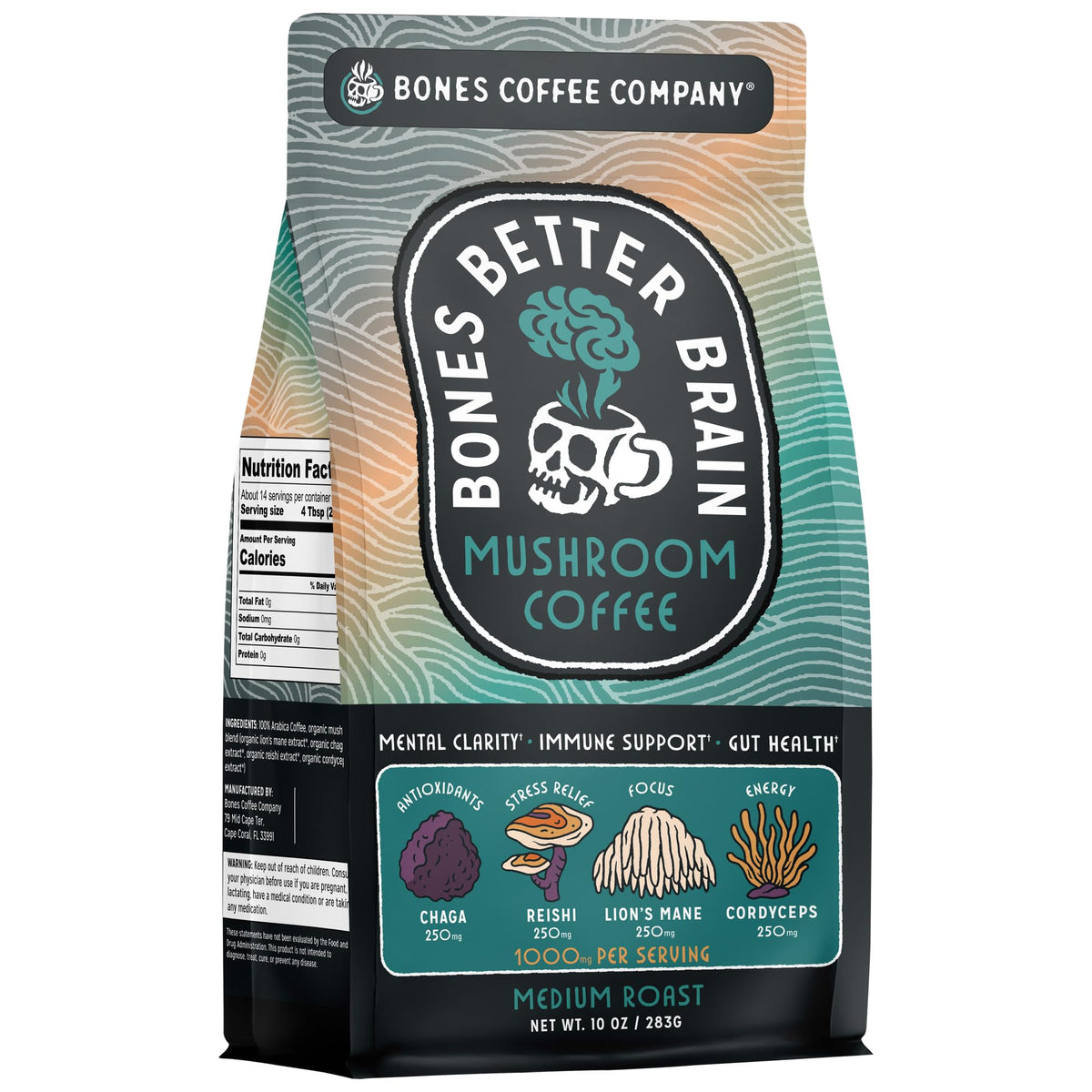 Bones Coffee Company front packaging showing blend and 10 oz size with clear labeling benefit