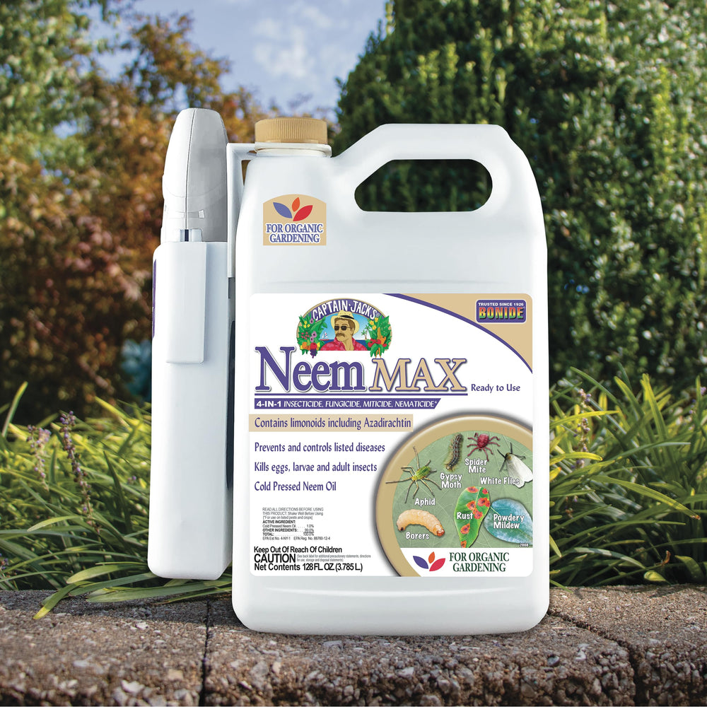 Bonide Neem Max in garden setting protecting vegetables and ornamentals