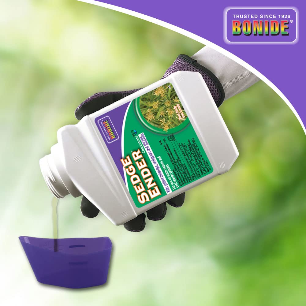 Bonide Sedge Ender 16 oz bottle next to a tape measure to show compact size and coverage