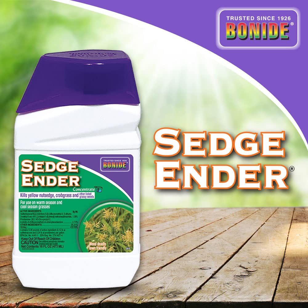 Measuring cup and Bonide Sedge Ender concentrate being mixed, ensuring correct dilution