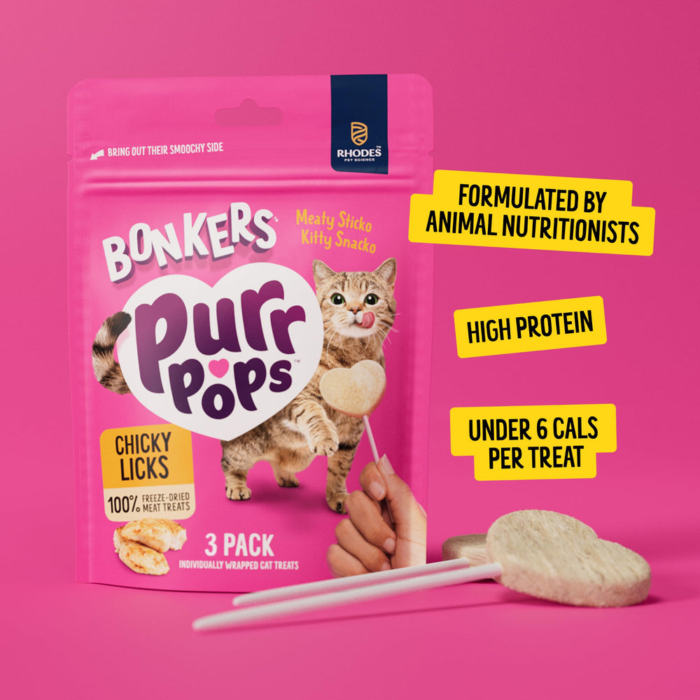 Bonkers Purrpops label close-up displaying ingredients and simple formulation