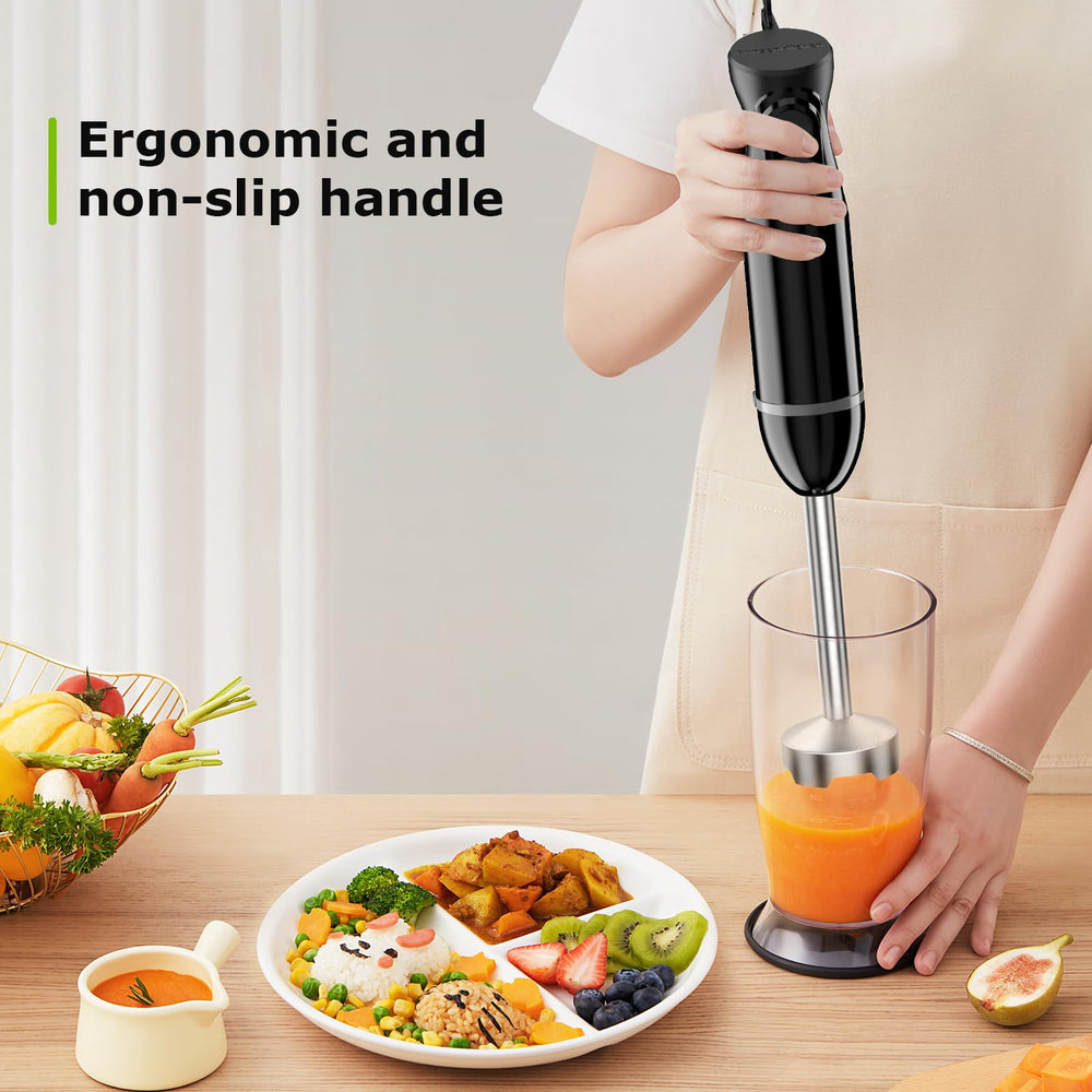 Bonsenkitchen handheld blender beside measuring cup to show scale