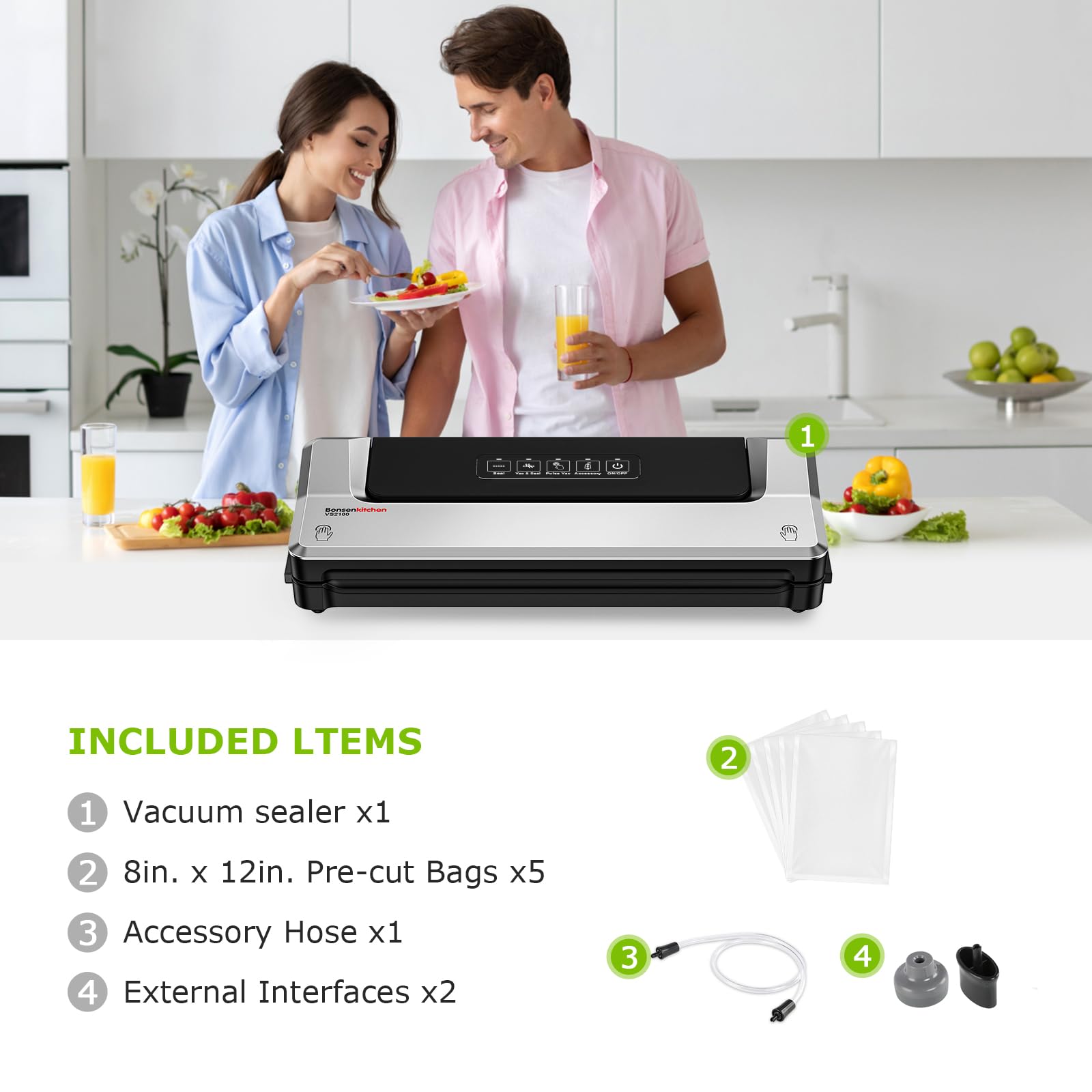 Bonsenkitchen vacuum sealer sealing steak into bag to preserve freshness