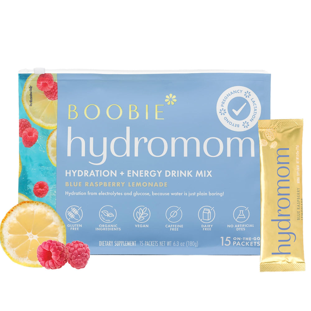 Boobie Hydromom front packaging showing 15 packets and blue rasp lemonade flavor for convenient hydration
