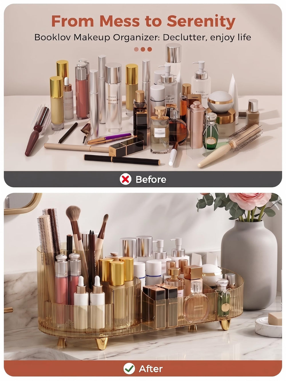 Booklov amber organizer filled with brushes and lipsticks for morning speed