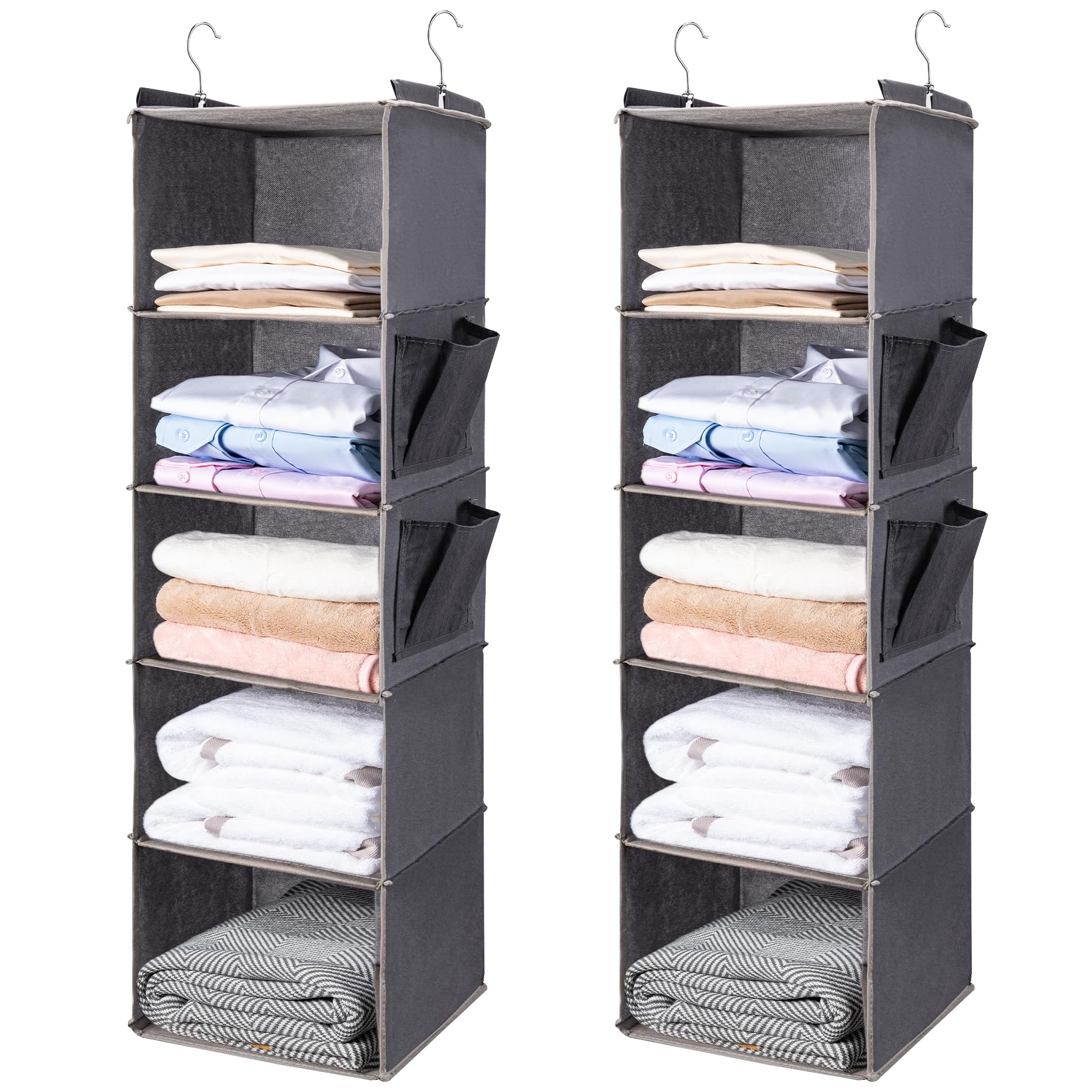 BOOMIBOO front view of 2-pack grey hanging shelves showing neat storage benefit
