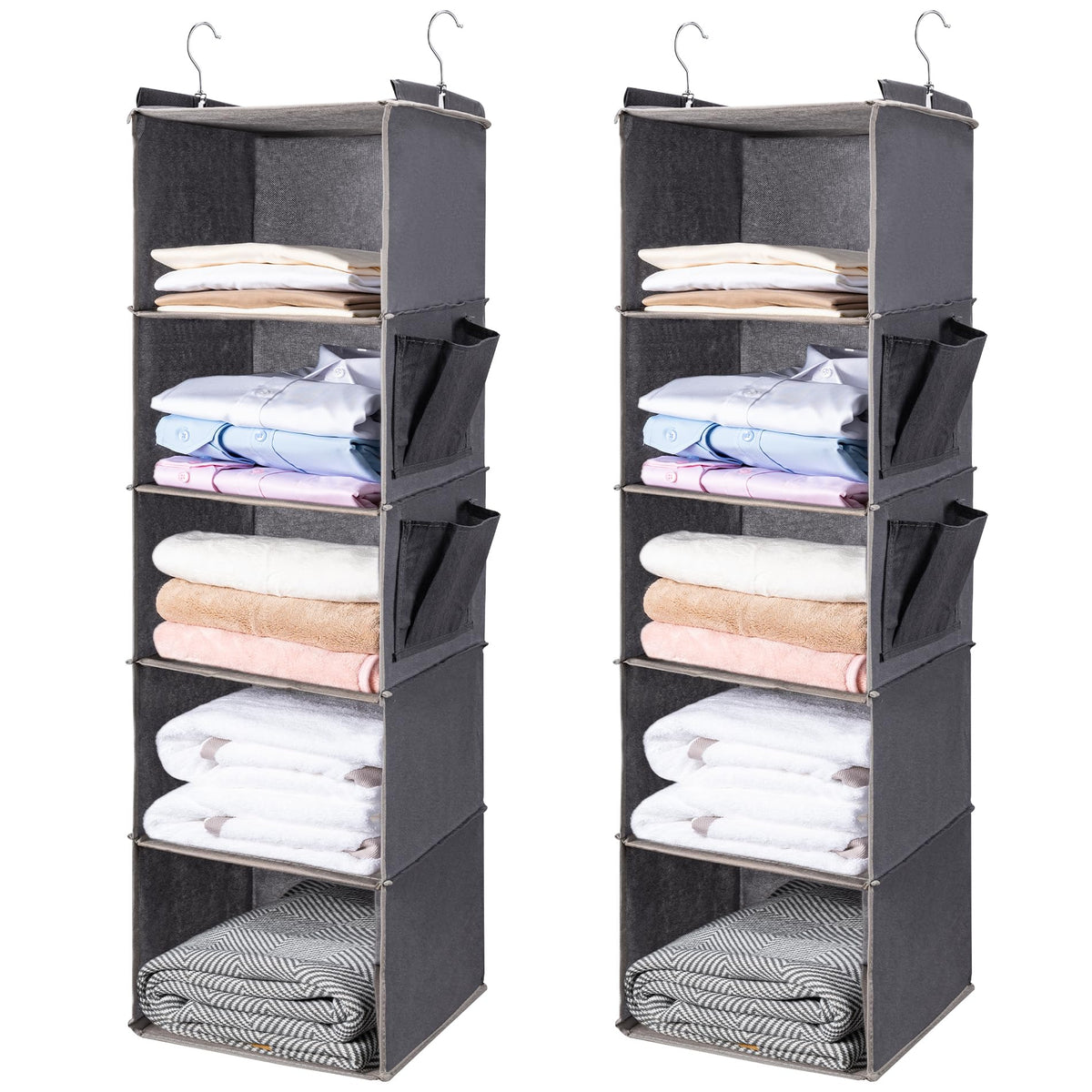 BOOMIBOO front view of 2-pack grey hanging shelves showing neat storage benefit