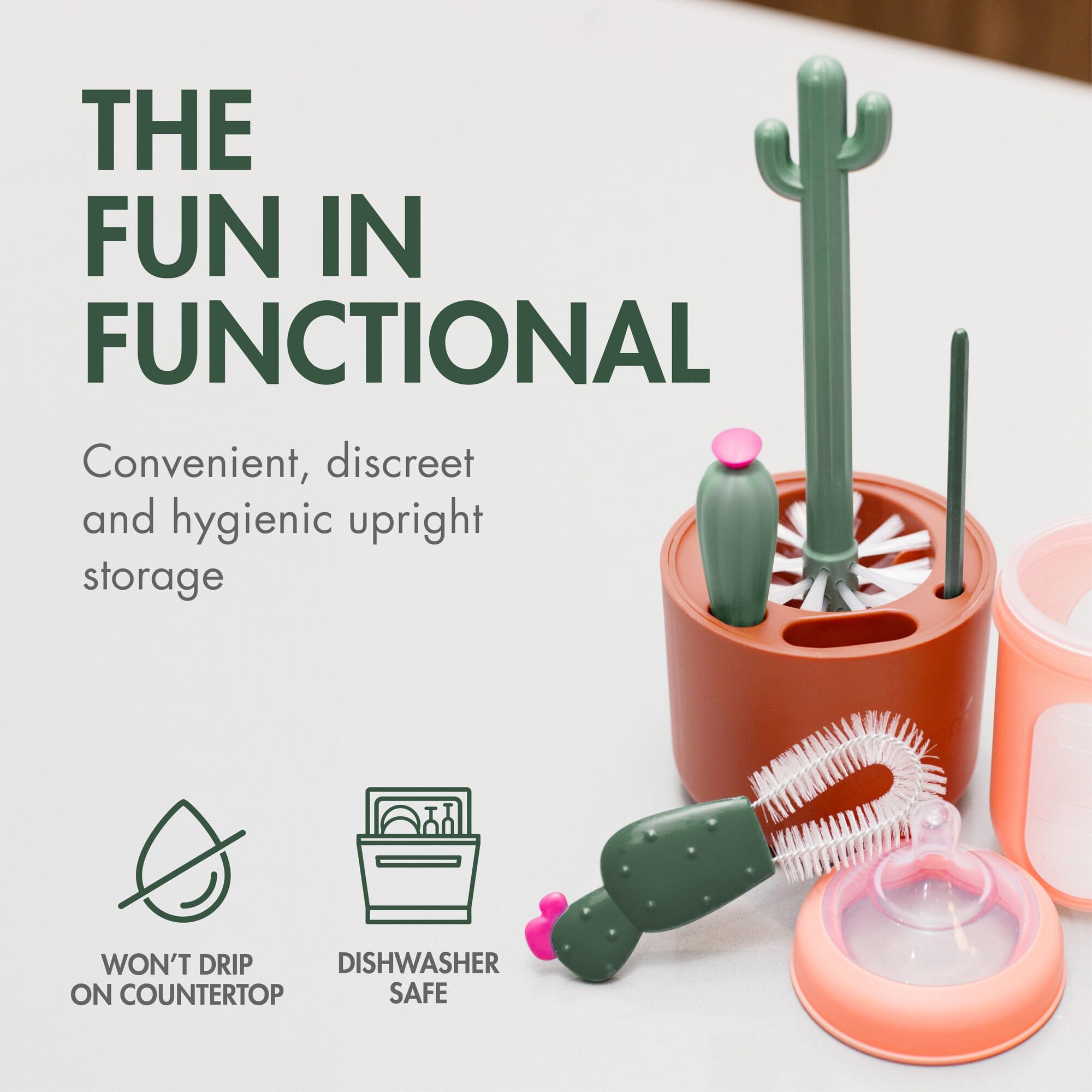 Boon cactus vase holding brushes upright for quick drip-free drying