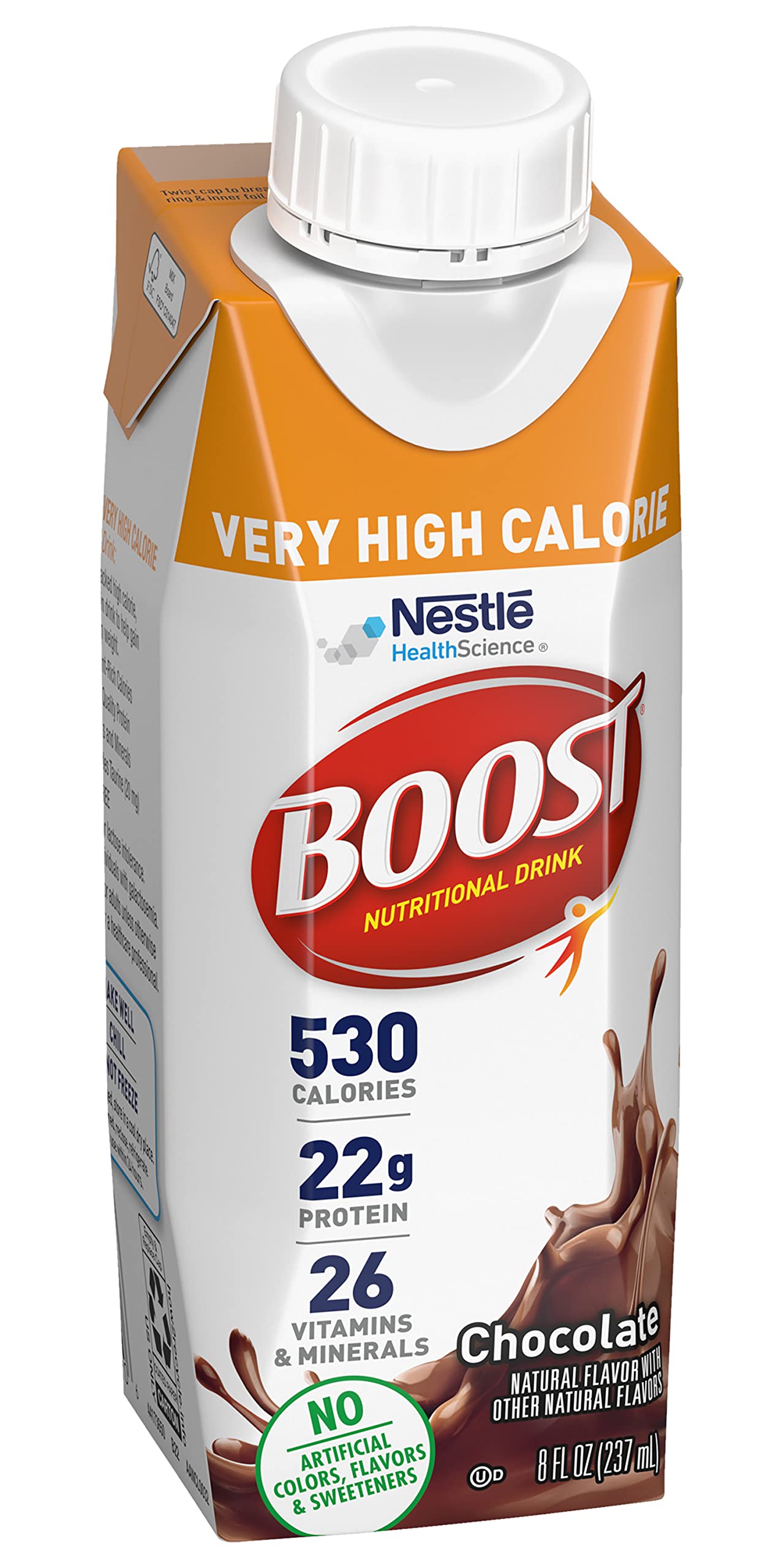 BOOST nutrition facts label close-up, displaying calories and protein content