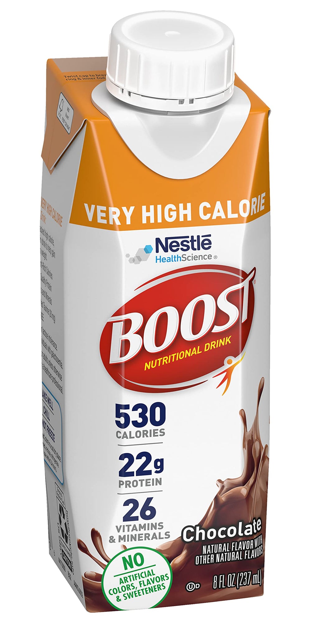 BOOST nutrition facts label close-up, displaying calories and protein content