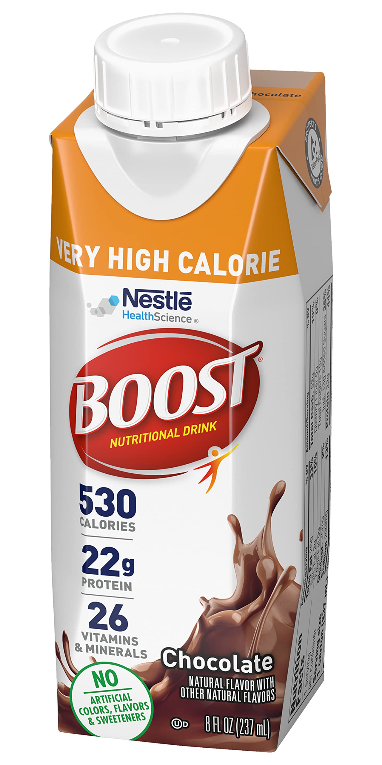 BOOST bottle next to a measuring cup for scale, shows small-volume calorie density
