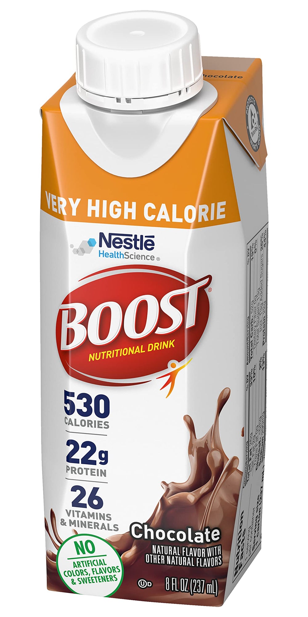 BOOST bottle next to a measuring cup for scale, shows small-volume calorie density