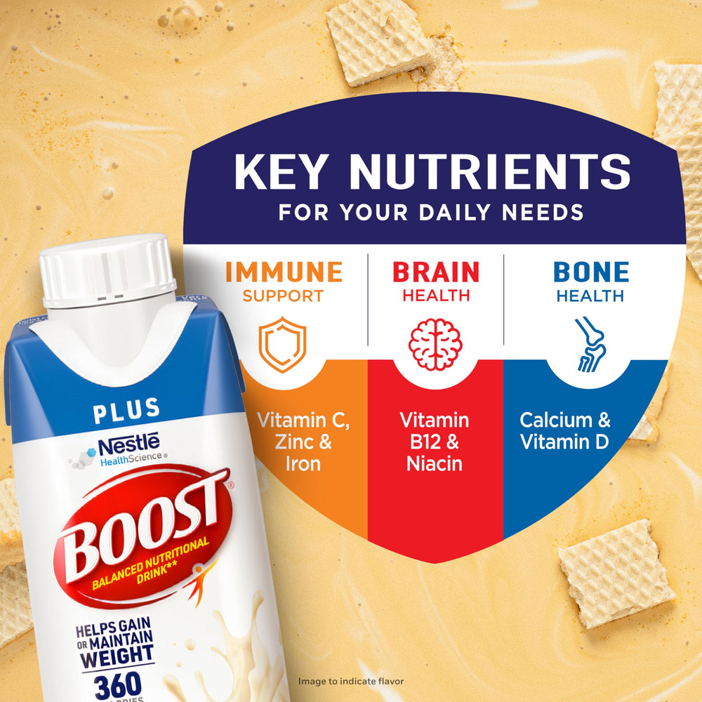 BOOST plus carton being poured to show ready-to-drink convenience