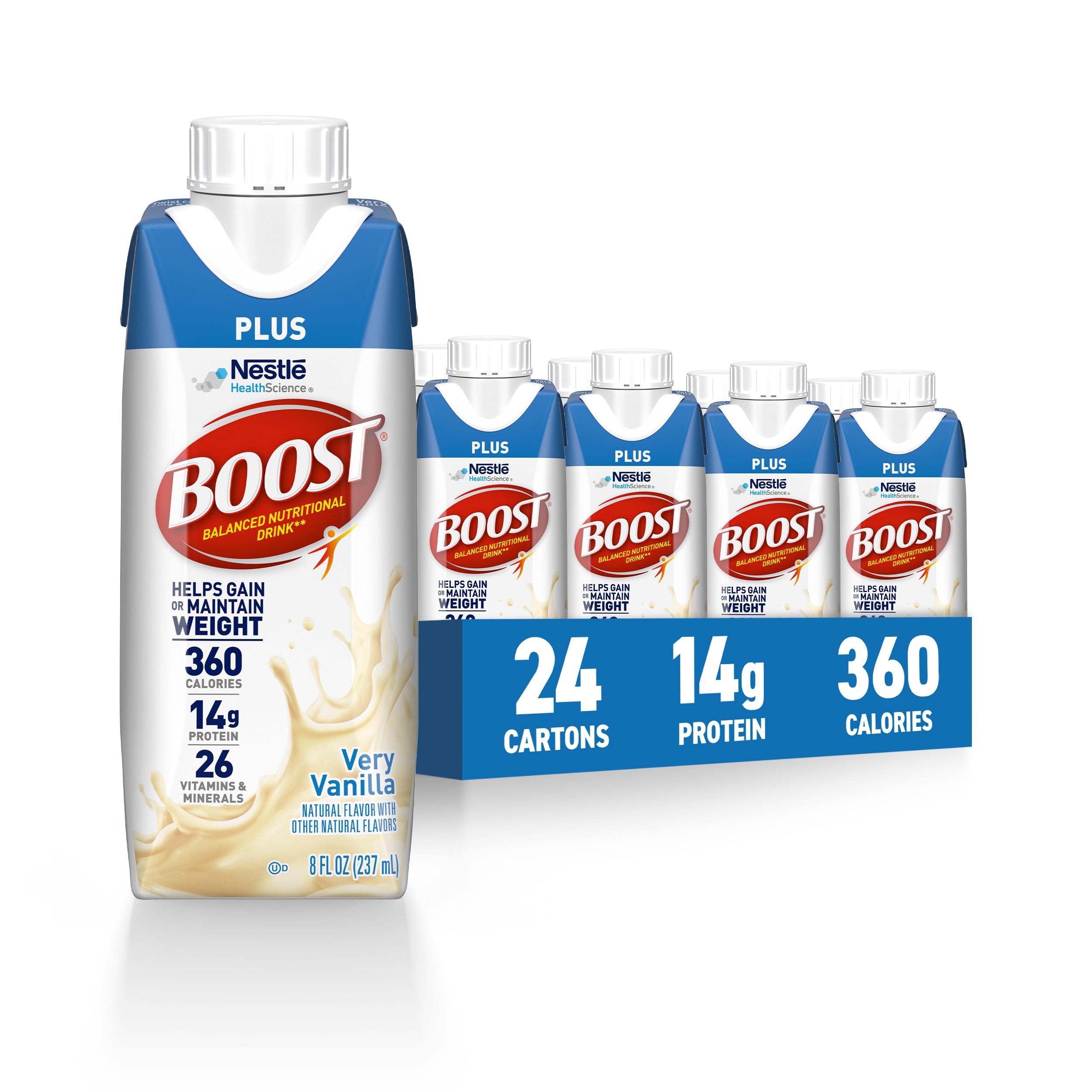 BOOST plus front packaging showing very vanilla flavor and benefits