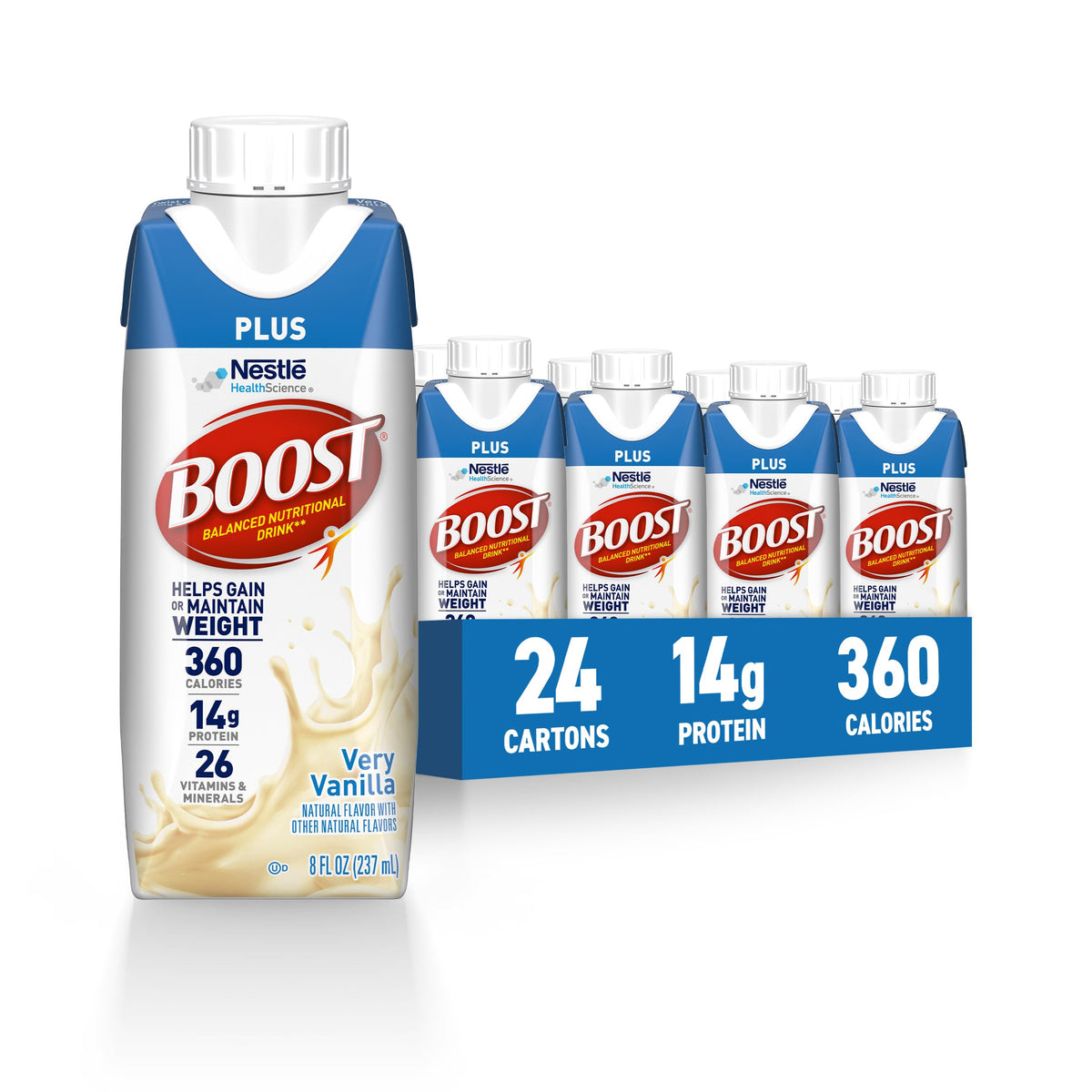 BOOST plus front packaging showing very vanilla flavor and benefits