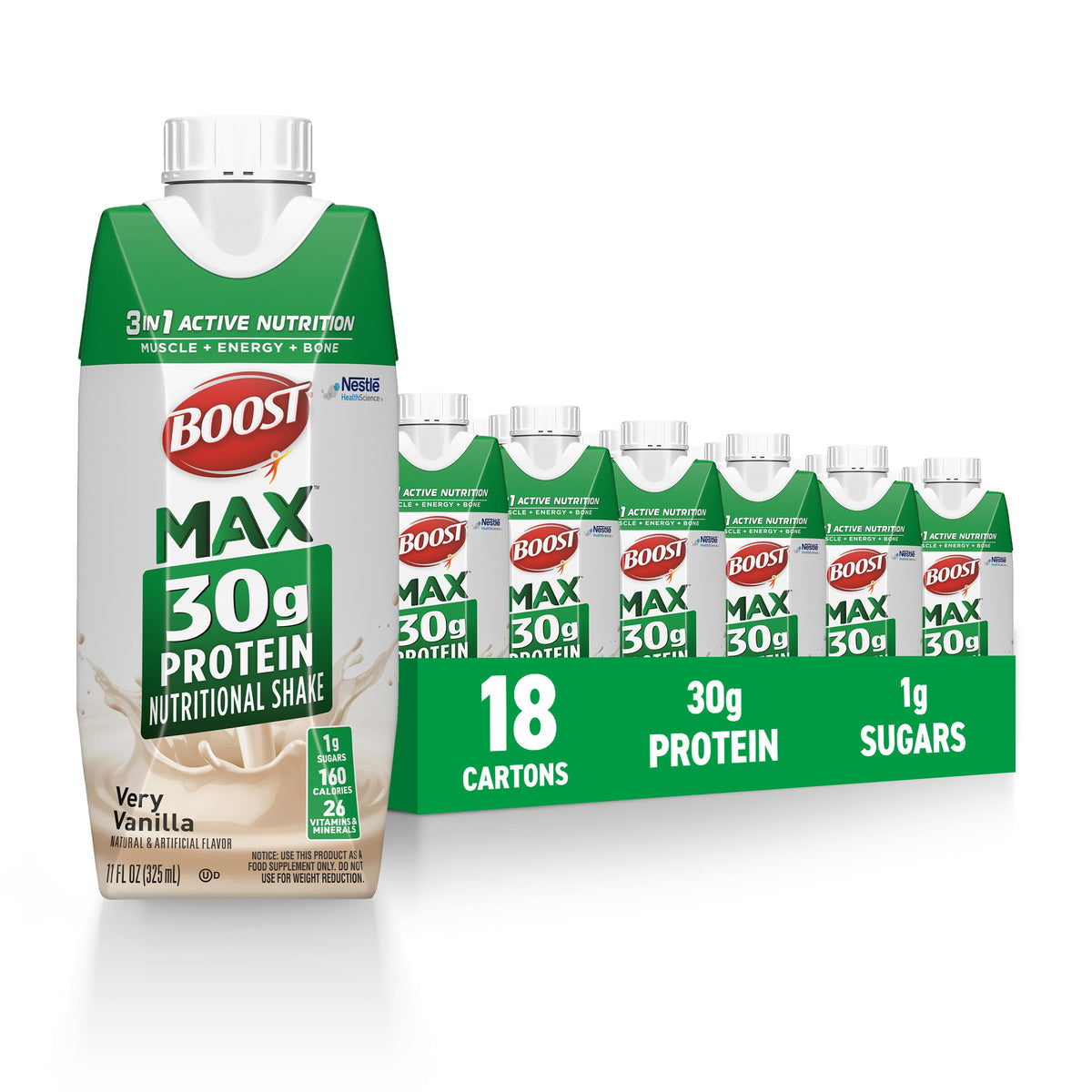BOOST front packaging showing 11 fl oz vanilla bottles and benefits
