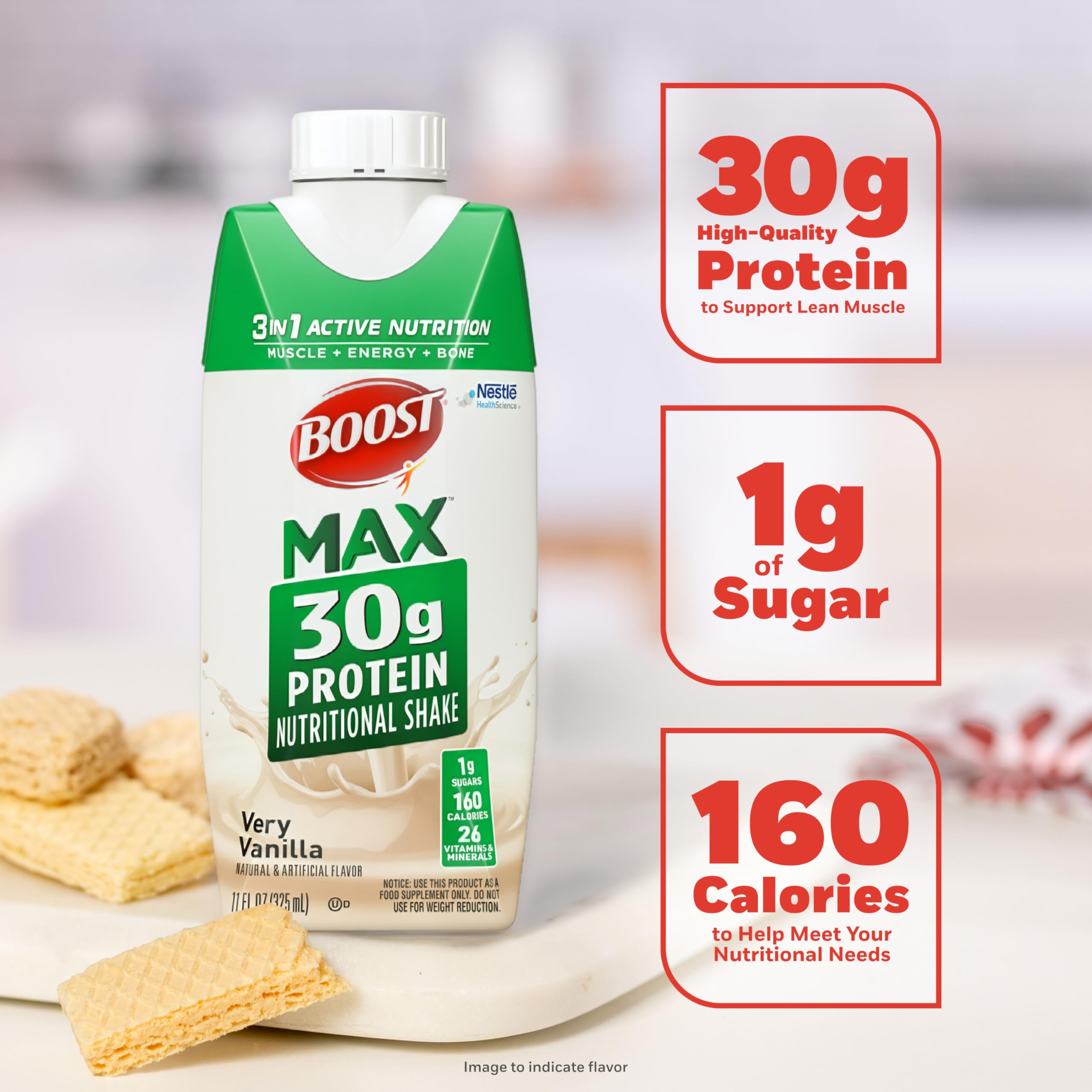 BOOST pouring into glass demonstrating smooth vanilla taste and portability