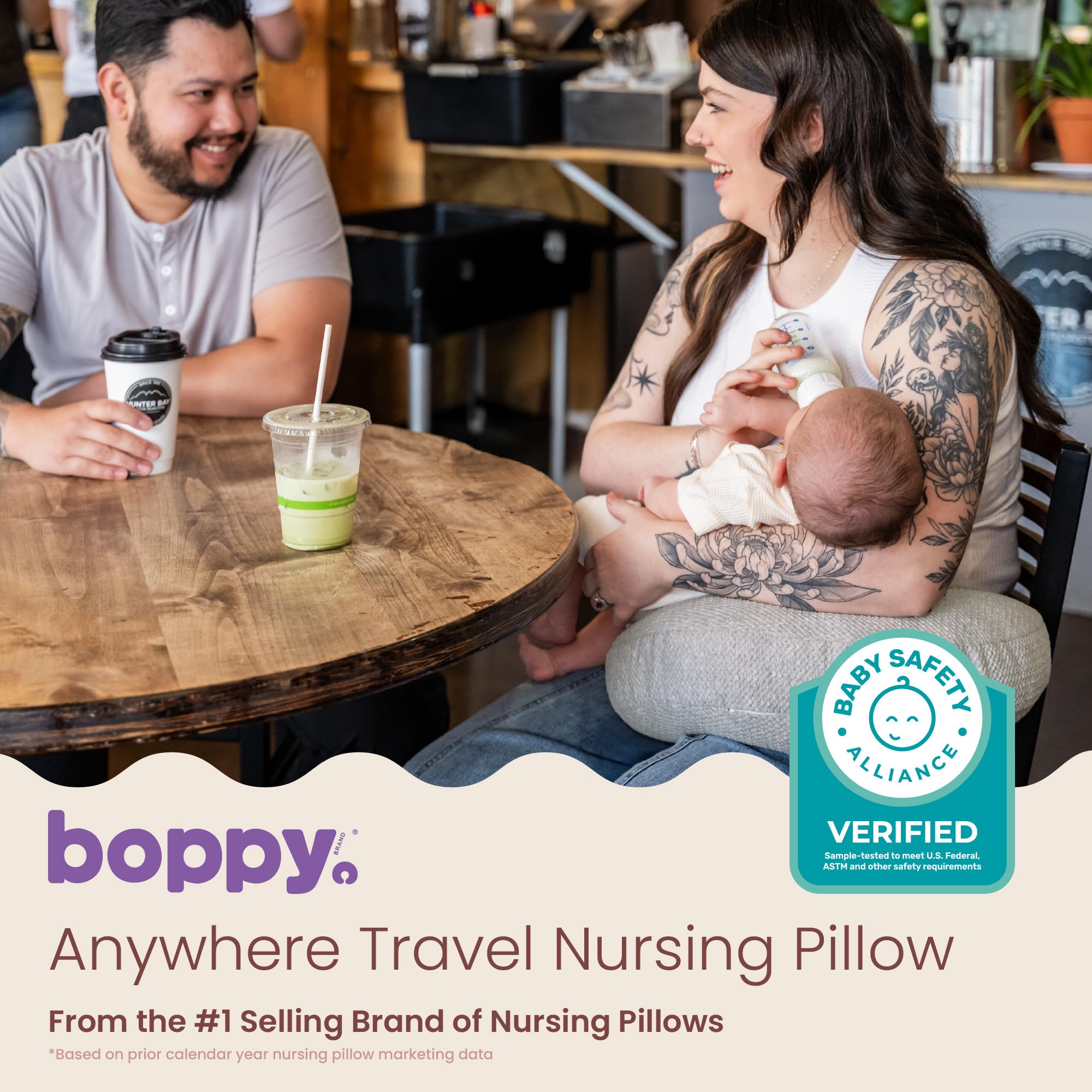 Boppy Anywhere snapped closed attached to a bag for easy transport and storage