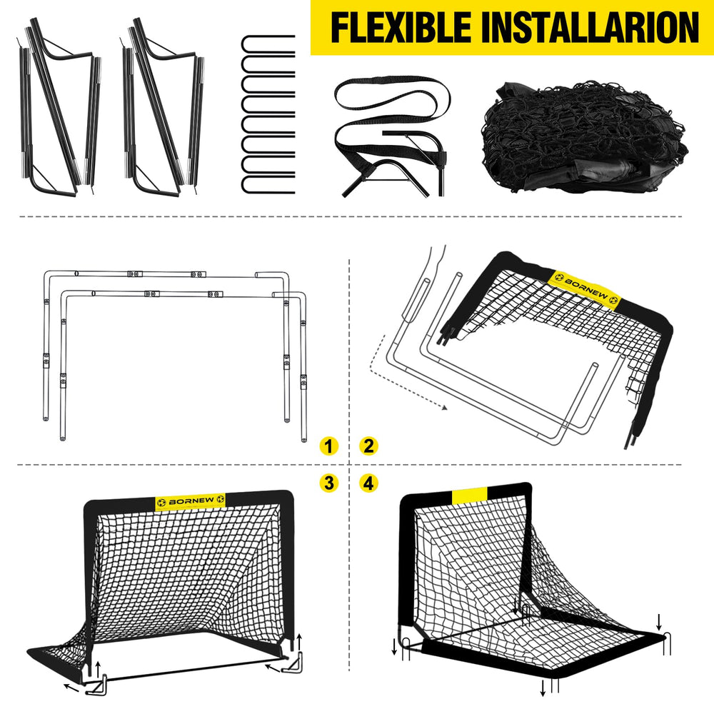 BORNEW folded goal in carry bag, emphasizes portability and storage