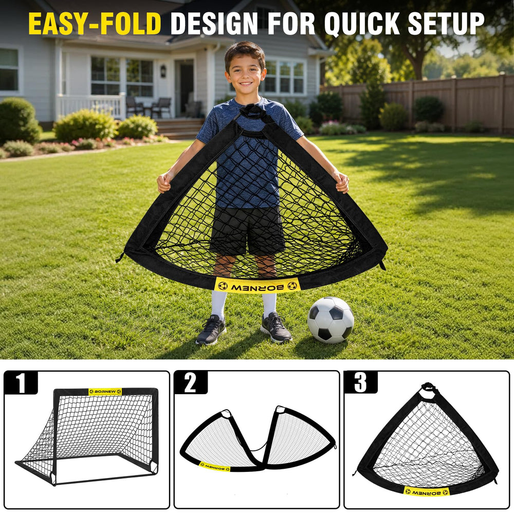 BORNEW goal in backyard with child kicking a ball, promotes active play