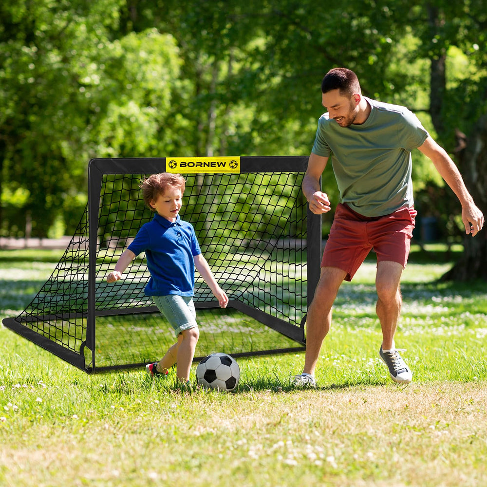 BORNEW goal anchored with ground stakes on grass, improves stability