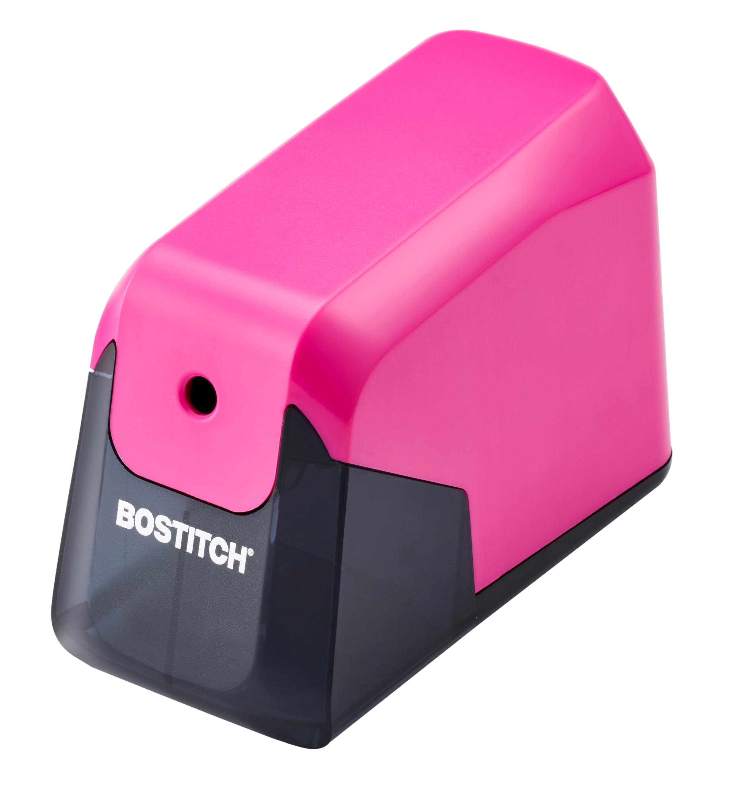 Bostitch pink sharpener front view showing compact design and durable finish, enhances desk style