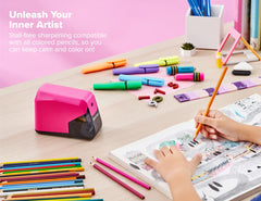 Bostitch sharpener in use sharpening a pencil, cordless battery operation improves portability