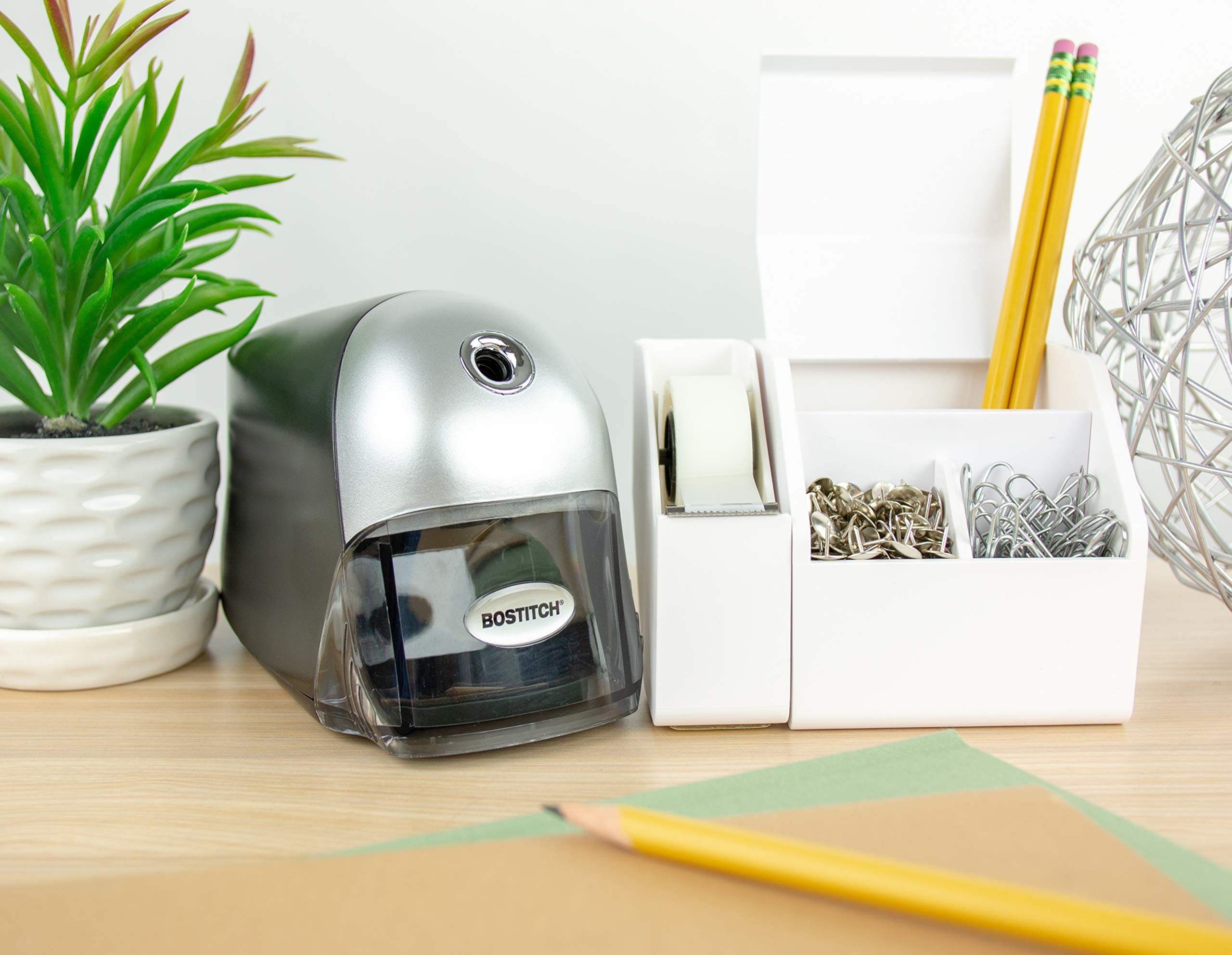 Bostitch QuietSharp placed on office desk, illustrating quiet operation and compact durability