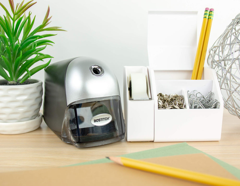 Bostitch QuietSharp placed on office desk, illustrating quiet operation and compact durability