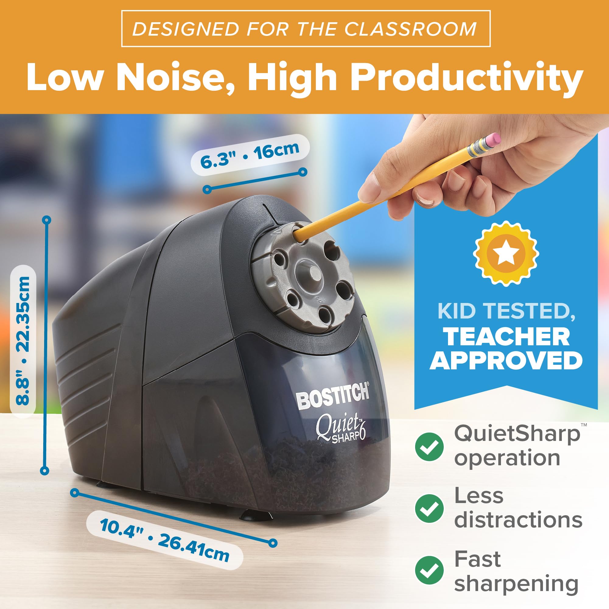 Bostitch QuietSharp 6 being used in a classroom reducing noise and speeding student sharpening