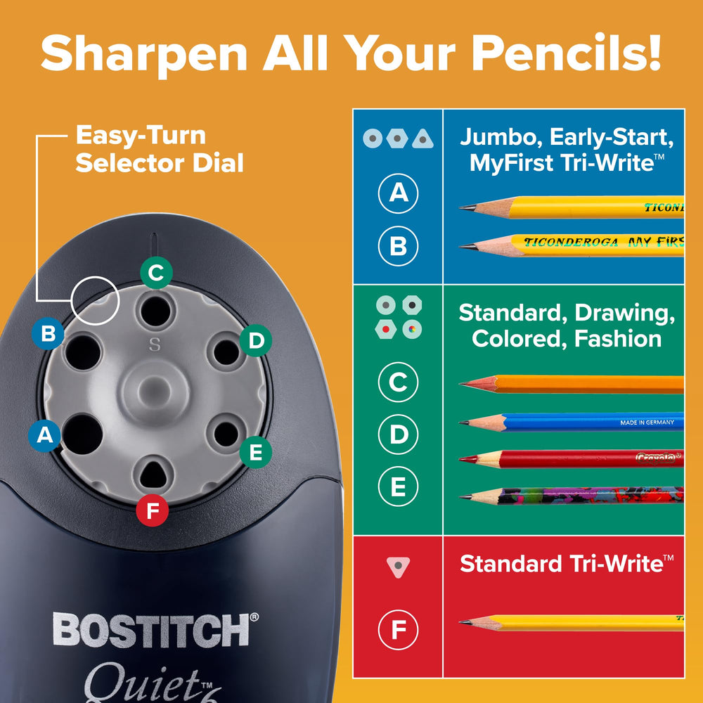 Bostitch QuietSharp 6 large shavings tray detail with tamper-proof switch for safe classroom use