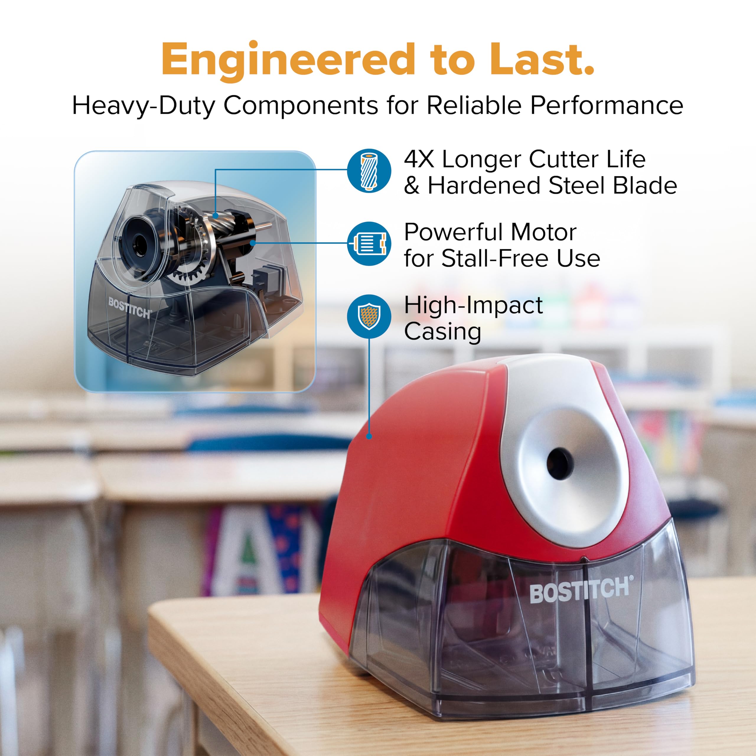 Bostitch beside a pencil for scale demonstrating compact footprint and space saving