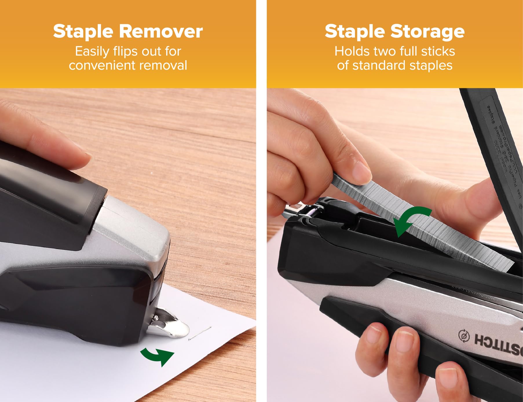 Bostitch built-in staple puller and storage compartment for tidy refills