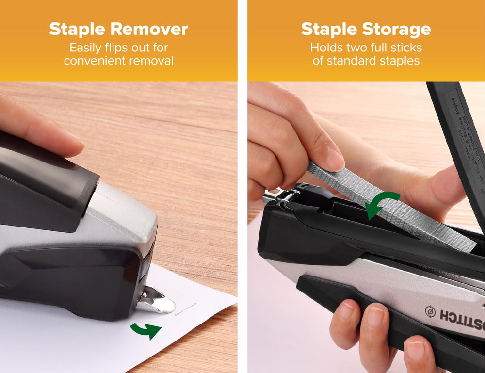 Bostitch built-in staple puller and storage compartment for tidy refills