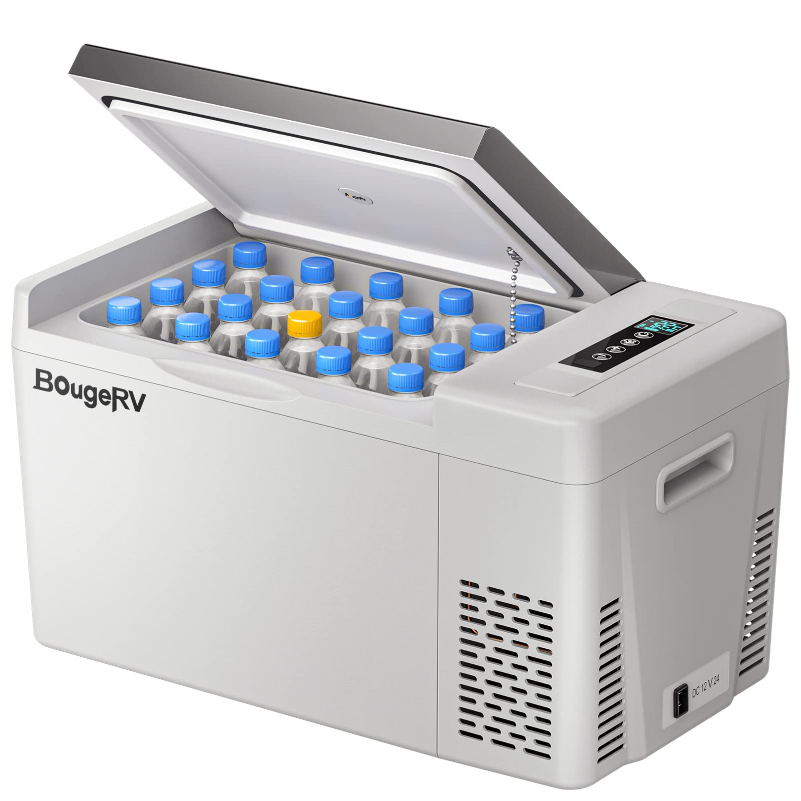 BougeRV front view showing compact 23 quart fridge, ideal for road trips