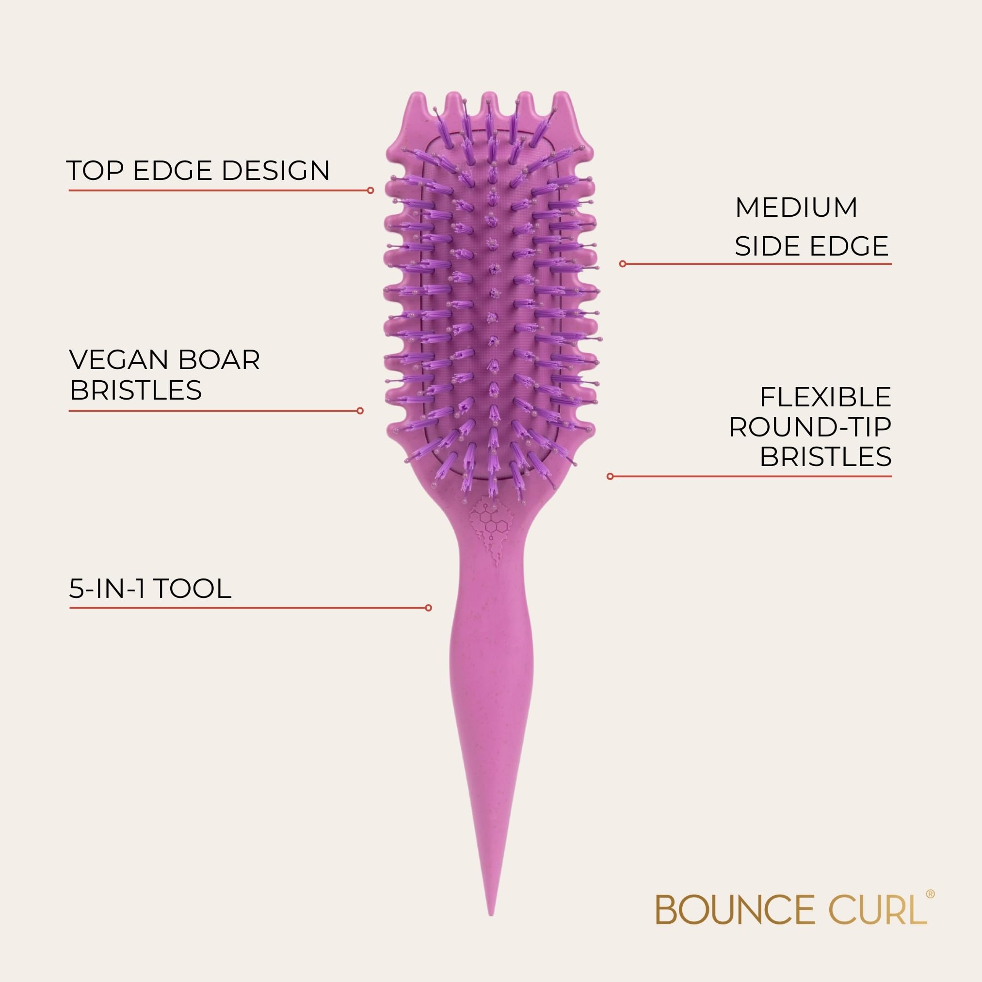 Bounce Curl top edge close-up showing bristle arrangement for short layers and face-framing