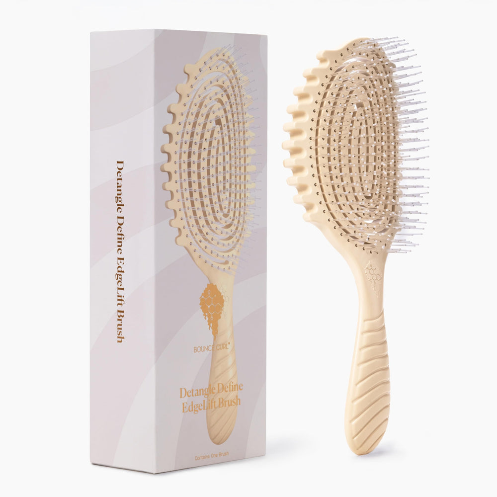 Bounce Curl EdgeLift Brush front view showing Shortbread finish and ergonomic grip benefit