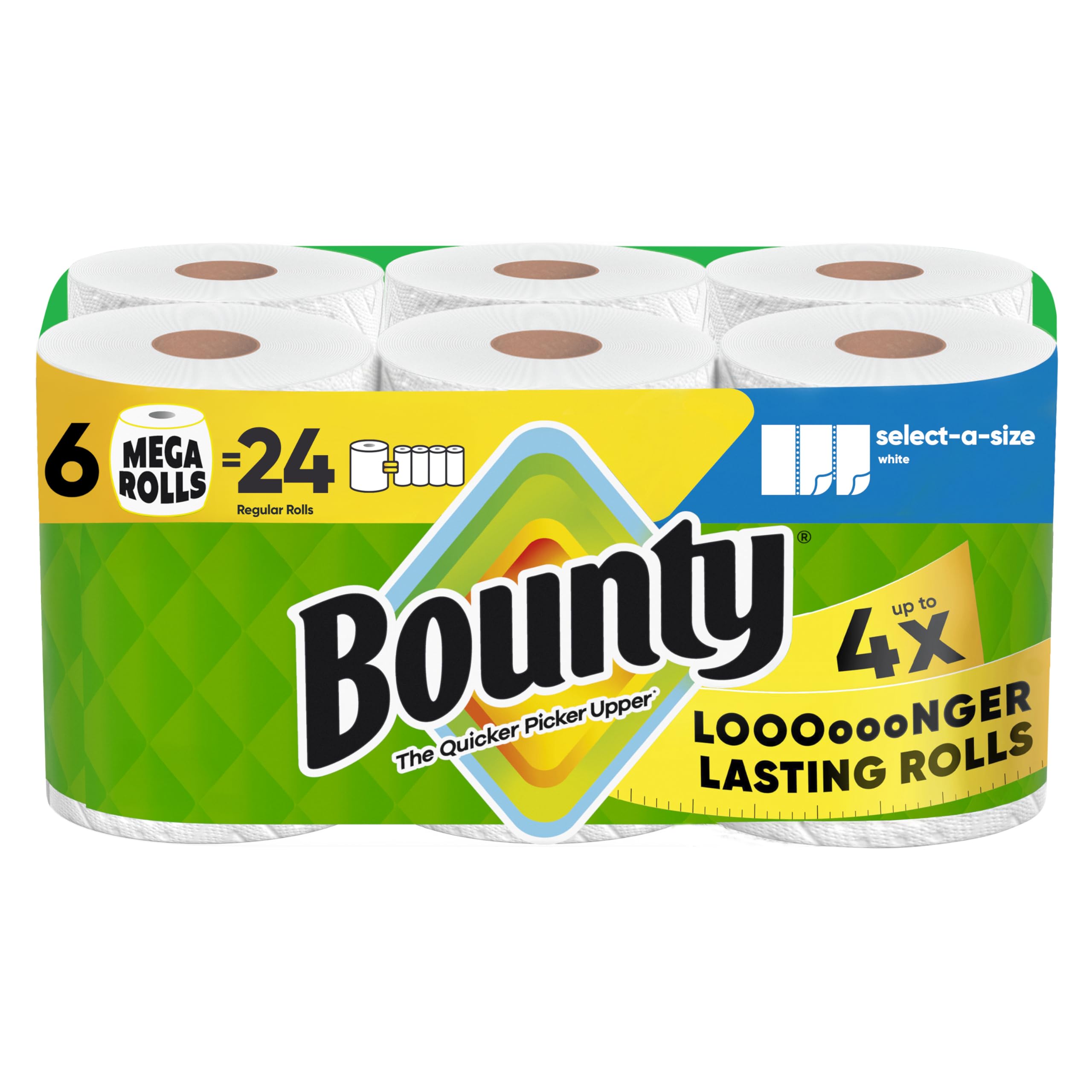 Bounty front packaging showing 6 mega rolls and brand convenience