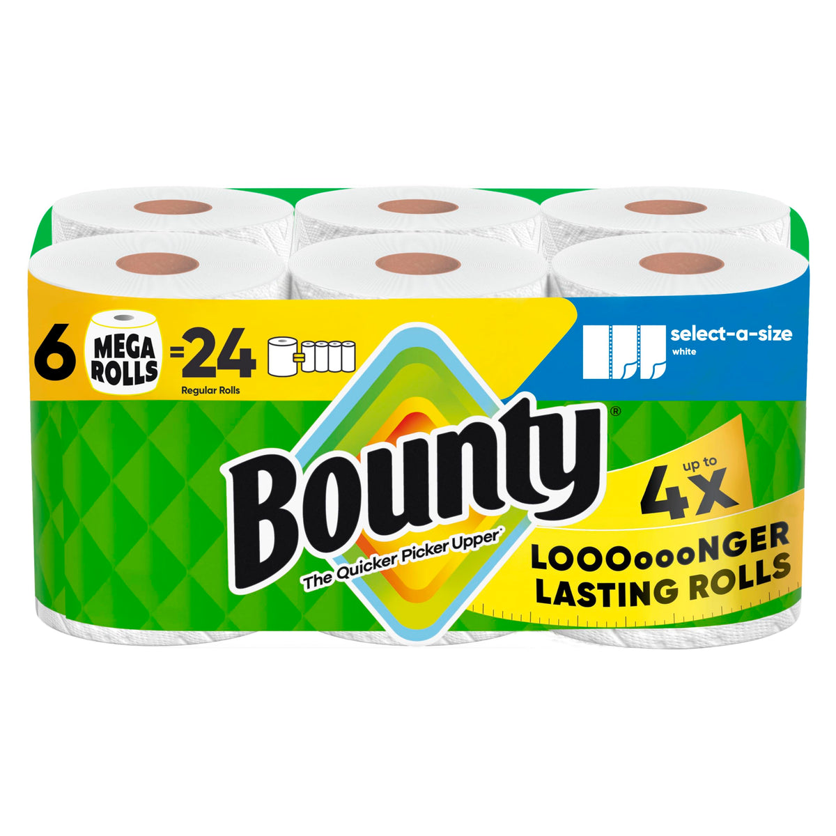 Bounty front packaging showing 6 mega rolls and brand convenience
